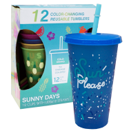 Set 12 pahare reutilizabile cu capac si pai, schimbare culoare